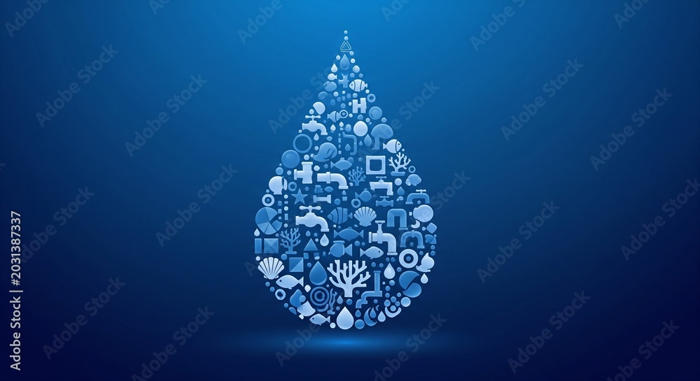 Obraz premium Water drop shape composed of plumbing, ecology and marine life icons