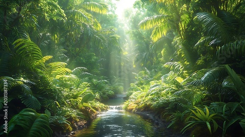 Lush tropical rainforest scene with sunlight and water