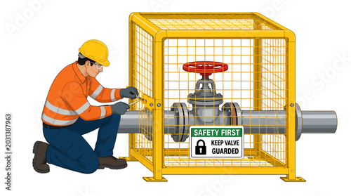 Worker inspecting a gas valve inside a protective cage for safety.