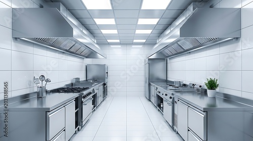 Professional commercial kitchen interior with stainless steel equipment