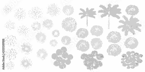 Konstfotografi Grayscale tree silhouettes collection aerial view of various tree crown shapes o