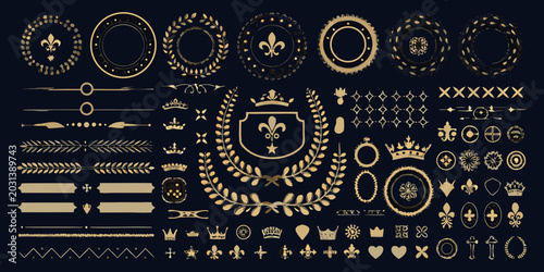 Tableau sur toile Collection of ornate gold emblems crowns shields and laurel wreaths on a dark ba