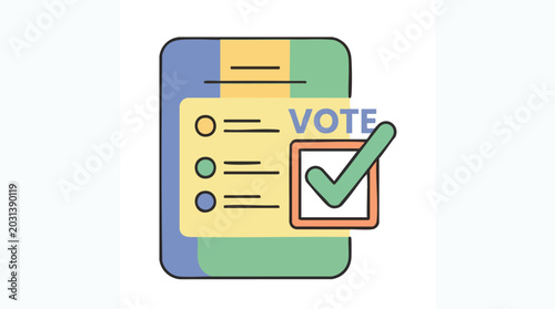Voting ballot paper icon with checkmark in flat line art style