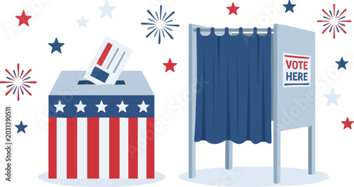 Voting ballot box and booth illustration on white American background