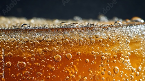 Macro close up of refreshing carbonated golden beverage.