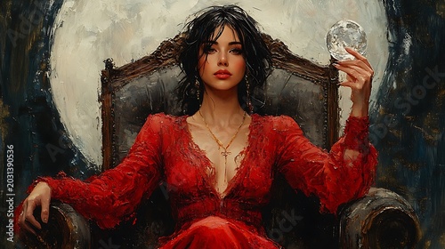 Woman in red dress holding mirror sitting on throne conceptual digital art