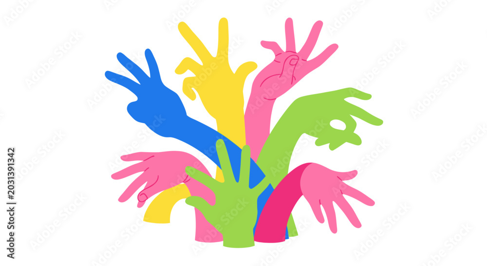 Fototapeta premium Colorful Hands Raised Together, Unity and Teamwork Concept