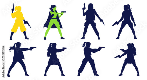 Foto Female Silhouette with Gun, Action Poses, Vector Illustration