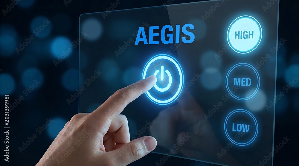Fototapeta premium Finger touching power button on glowing digital interface with Aegis security levels for high-tech cybersecurity protection and access control system concept photography
