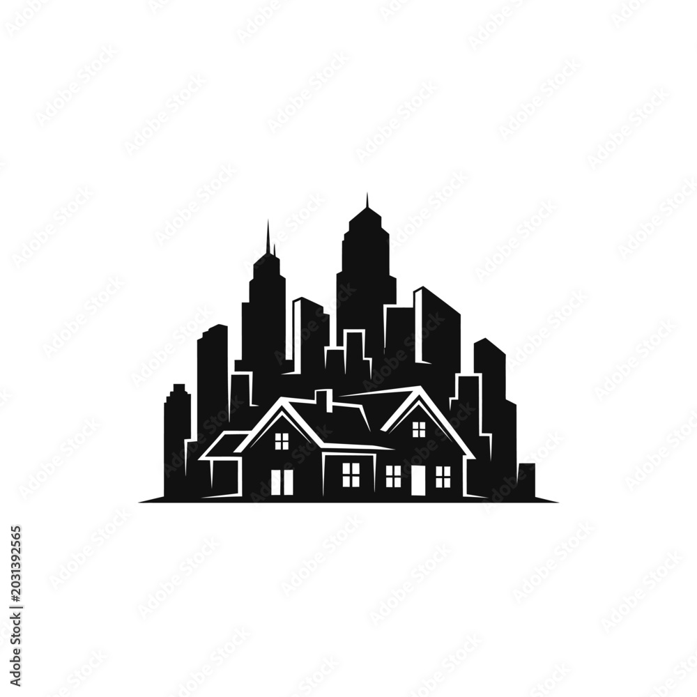 Fototapeta premium House Silhouette with City Skyline Background.