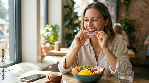 Young Woman Removing Clear Aligners Before Eating a Healthy Fruit Bowl in Cafe