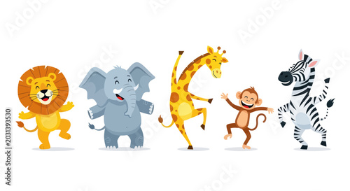 Photography Cute cartoon safari animals dancing and having fun - lion, elephant, giraffe, mo