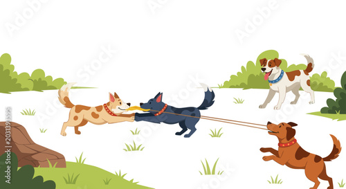 Canvas Print Playful dogs playing tug-of-war in a park, joyful canine friends outdoors