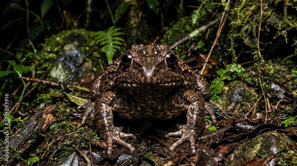 Obraz premium A close up of a horned frog resting in the tropical rainforest floor.
