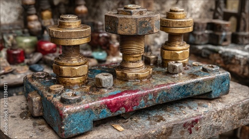 Close-up of old rusty metal bolts and nuts on a weathered blue surface with a hint of red