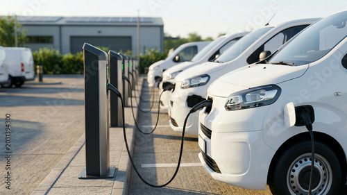 Fleet of White Electric Delivery Vans Charging at a Commercial Power Station Hub