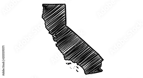 California State Outline Map, Hand-Drawn Sketch Style, Black and White