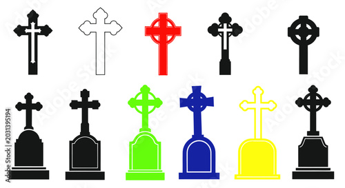 Foto Collection of Various Crosses and Gravestones Icons, Vector Set