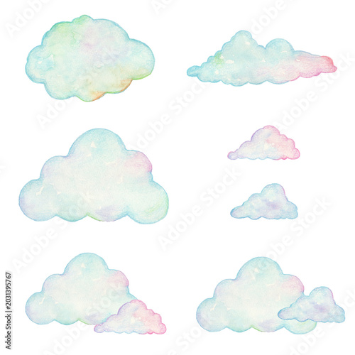 水彩で描いた雲のイラスト　セット