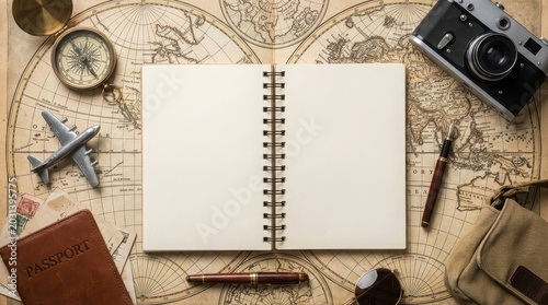 Open notebook on a vintage world map ready for travel planning