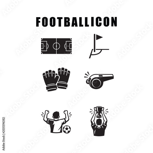 Black vector football icons featuring field, gloves, whistle, trophy, and celebration moments, perfect for sports graphics and educational materials.