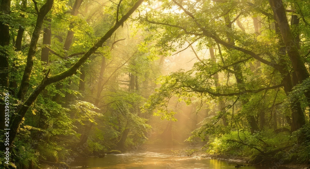 Obraz premium Sunlit Forest Pathway with Overhanging Trees in Serene Natural Setting