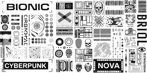 Obraz na płótnie cyberpunk collage with mechanical parts skulls and barcodes in monochrome style