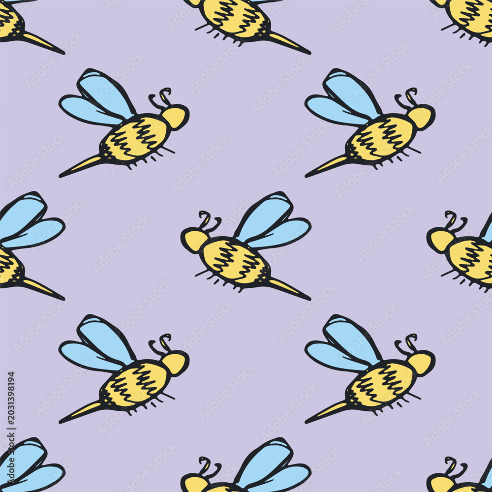 Fototapeta premium Seamless pattern with hand drawn happy funny cute honey bee Adorable flying striped insect friendly kawaii bumble bee For kids print, wrapping paper, packaging, fabric
