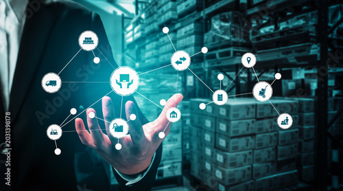 Tableau sur toile Smart warehouse management system with innovative internet of things technology to identify package picking and delivery