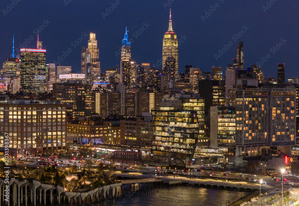 Fototapeta premium Lower Manhattan aerial view. New York City panoramic skyline. New York skyline with Manhattan Tower. New York night skyline. NYC aerial cityscape. Manhattan at night. New York City Hudson skyline.