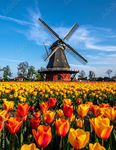 A vibrant field of tulips with a traditional windmill in the background