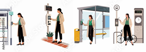 Bild auf Leinwand Modern woman using a smartphone for contactless payment at various public transport stations and stops, showcasing smart city technology