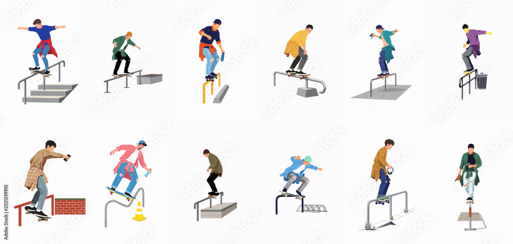 Fototapeta premium Collection of flat character illustrations featuring young men performing skateboarding tricks and grinding on urban rails and stairs.