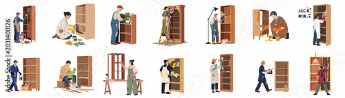 Fotografía Collection of professional craftspeople and hobbyists restoring, painting, and refinishing wooden bookcases and furniture in a workshop setting