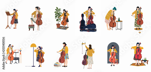 Tableau sur toile Set of flat vector illustrations featuring a female cellist practicing and performing with her instrument in various domestic scenes and artistic poses