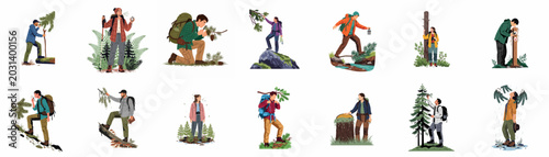Collection of vector illustrations depicting diverse hikers engaged in various outdoor activities like trekking, navigating, and exploring the wilderness forest.