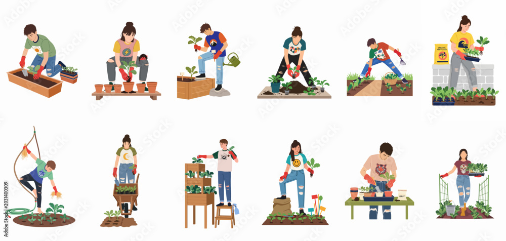 Naklejka premium A comprehensive set of illustrations depicting young adults engaged in various urban gardening and planting activities.