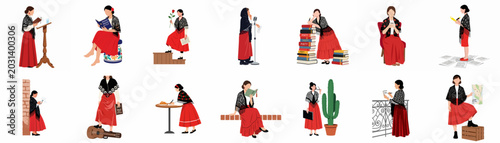 Photos Set of illustrations depicting a woman in traditional Spanish attire engaged in various literary activities like reading, writing, and performing poetry