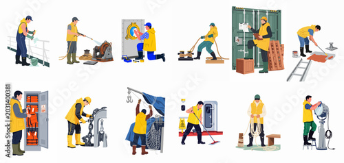 Vector set of maritime workers and sailors performing ship maintenance, cargo handling, and cleaning duties isolated on a white background.