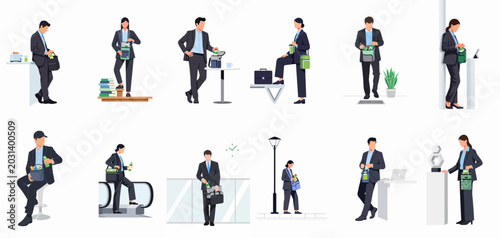 Collection of flat vector illustrations featuring business professionals in suits carrying insulated lunch bags and healthy drinks in diverse workplace and city environments.