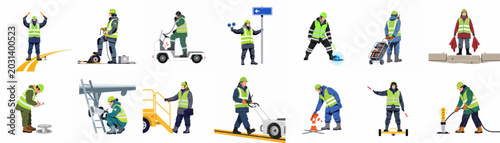 Diverse collection of flat vector illustrations featuring airport ground crew, technicians, and ramp agents performing various maintenance and operational duties on the runway.