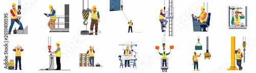 фотографія A collection of diverse industrial and construction workers performing various professional tasks in high-visibility safety gear, presented in a flat vector illustration style