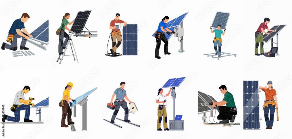 Fototapeta premium Collection of diverse solar panel technicians installing, maintaining, and repairing photovoltaic systems, representing renewable green energy professionals on a white background.