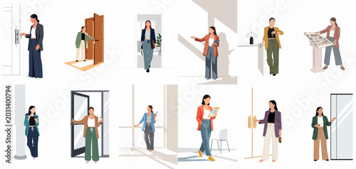 Canvastavla Set of flat vector illustrations depicting a professional woman in various office, real estate agent, and business scenarios on a white background