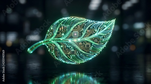 Glowing digital green leaf with circuit board patterns representing green technology