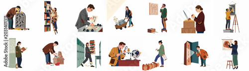 Fotografie A comprehensive set of illustrations depicting diverse archaeologists, historians, and researchers studying ancient artifacts, manuscripts, and historical relics in museums and archives