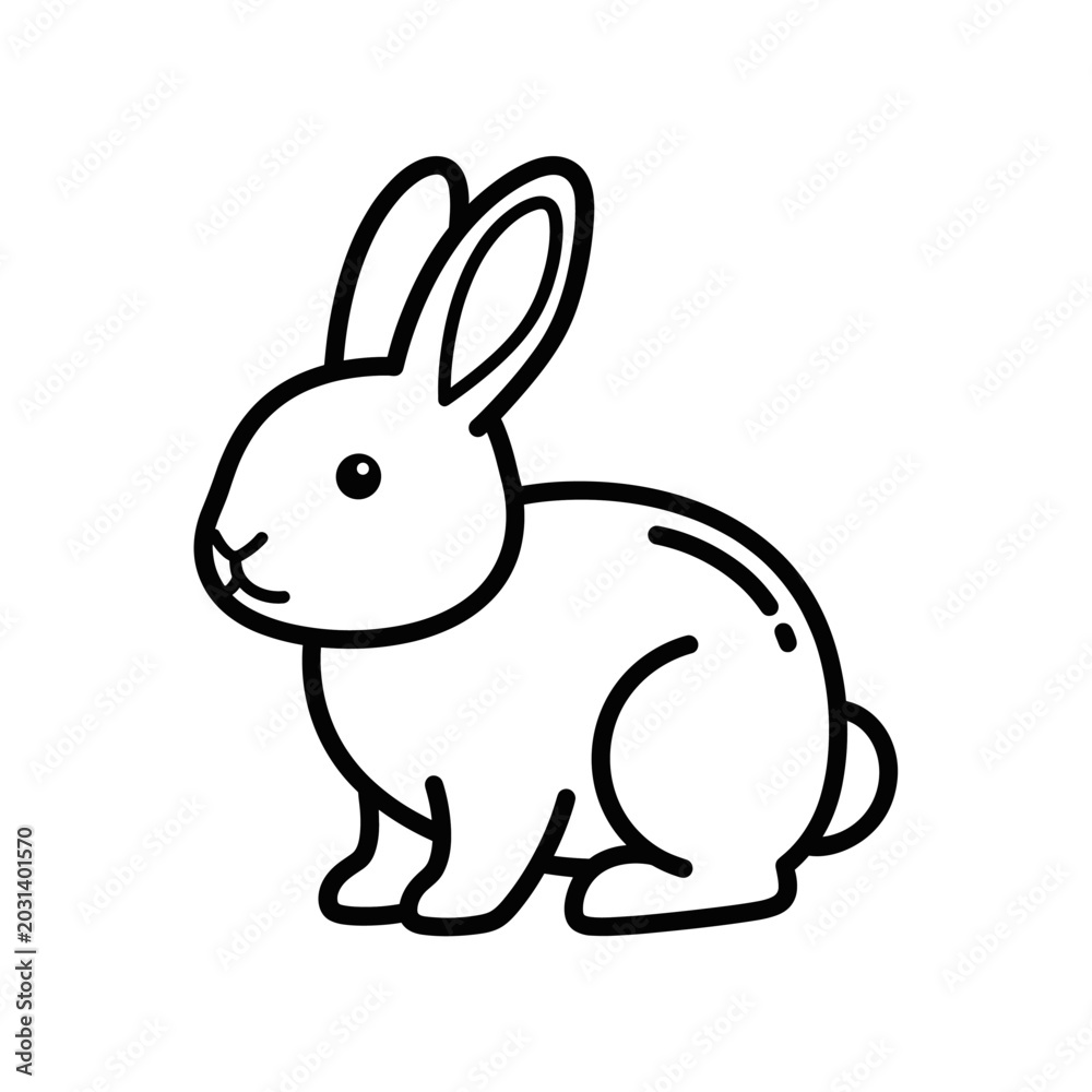 Obraz premium Simple black and white line art drawing of a cute rabbit sitting sideways, showcasing its long ears and small tail.