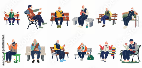 Schilderij op canvas Flat vector collection of elderly men sitting on park benches engaged in various outdoor activities like reading, knitting, and enjoying nature