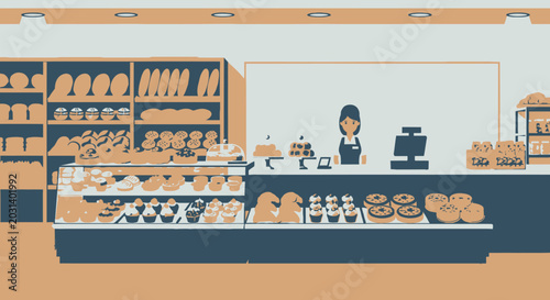 Schilderij op canvas Bakery interior with various pastries and an attentive shop assistant