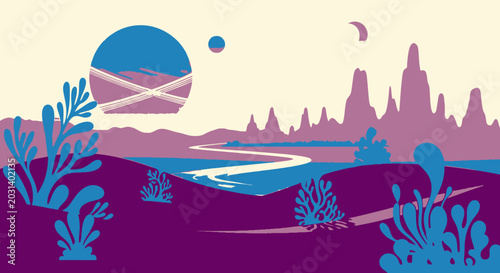 Fotografie Abstract landscape with stylized elements and celestial bodies illustration